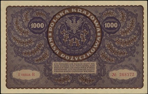 1.000 marek polskich 23.08.1919, seria I-R, numeracja 268572, Lucow 403 (R2) - ilustrowany w katalogu kolekcji, Miłczak 29a, nieostre rogi, ale piękny egzemplarz