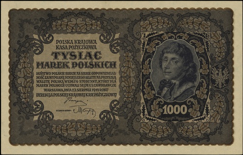 1.000 marek polskich 23.08.1919, seria III-AP, numeracja 372311, Lucow 408 (R1), Miłczak 29f, lekko nieostre rogi, ale piękny egzemplarz