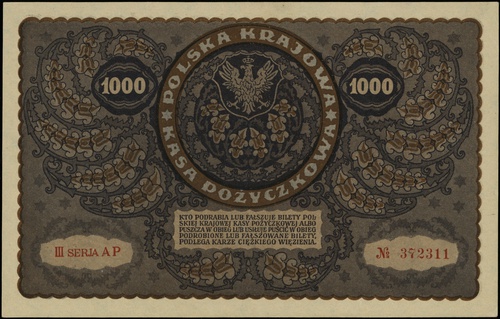 1.000 marek polskich 23.08.1919, seria III-AP, numeracja 372311, Lucow 408 (R1), Miłczak 29f, lekko nieostre rogi, ale piękny egzemplarz