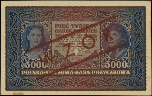 5.000 marek polskich 7.02.1920, seria II-R, numeracja 545,835, po obu stronach ukośny czerwony nadruk \WZÓR, Lucow 414 (R4)