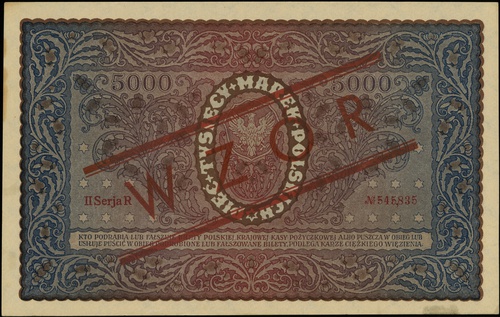 5.000 marek polskich 7.02.1920, seria II-R, numeracja 545,835, po obu stronach ukośny czerwony nadruk \WZÓR, Lucow 414 (R4)