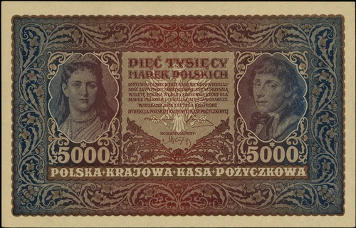 5.000 marek polskich 7.02.1920, seria II-J, numeracja 449,917, Lucow 416 (R3), Miłczak 31a, niewielkie zagięcia na marginesach, ale wyśmienity egzemplarz