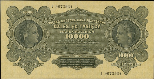 10.000 marek polskich 11.03.1922, seria I, numeracja 9673934, Lucow 422 (R3), Miłczak 32, lekko nieostre rogi, ale wyśmienity egzemplarz