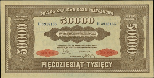 50.000 marek polskich 10.10.1922, seria H, numeracja 3918155, Lucow 425 (R3) - ilustrowany w katalogu kolekcji, Miłczak 33, mało ostre rogi, ale wyśmienity egzemplarz