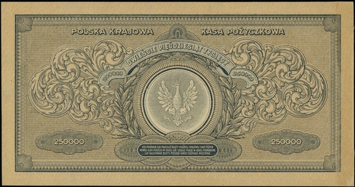 250.000 marek polskich 25.04.1923, seria BF, numeracja 364676, Lucow 431 (R3), Miłczak 34c, podlepiony na lewym marginesie od strony odwrotnej, ale bez naderwań, delikatne przegięcie, pięknie zachowane