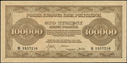 100.000 marek polskich 30.08.1923, seria B, numeracja 1357216, Lucow 433 (R3) - ilustrowany w katalogu kolekcji, Miłczak 35, mało ostre rogi, ale wyśmienity egzemplarz