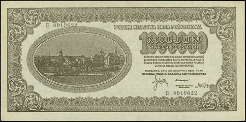 1.000.000 marek polskich 30.08.1923, seria E, numeracja 8919622, Lucow 452 (R4), Miłczak 37b, nieznaczne zagięcia po prawej stronie, ale piękny egzemplarz