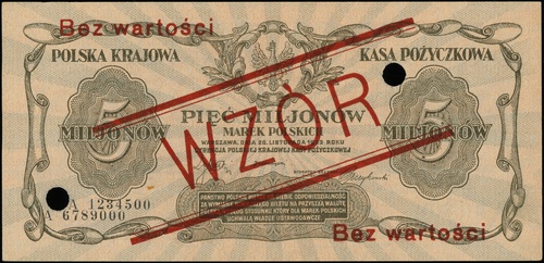 5.000.000 marek polskich 20.11.1923, seria A / A, numeracja 1234500 / 6789000, po obu stronach ukośny czerwony nadruk \WZÓR\" oraz \"Bez wartości, dwukrotnie perforowane