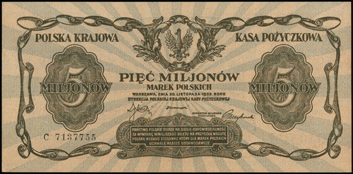 5.000.000 marek polskich 20.11.1923, seria C, numeracja 7137755, Lucow 456 (R5), Miłczak 38, kilka delikatnych przegięć, ale pięknie zachowane