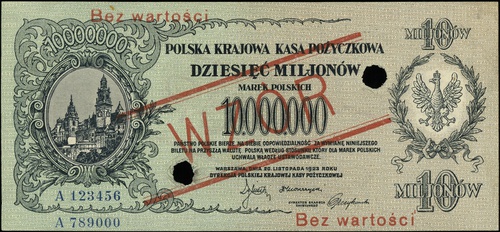 10.000.000 marek polskich 20.11.1923, seria A / A, numeracja 123456 / 789000, po obu stronach ukośny czerwony nadruk \WZÓR\" oraz \"Bez wartości, dwukrotnie perforowane
