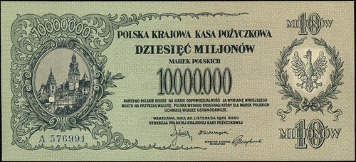 10.000.000 marek polskich 20.11.1923, seria A, numeracja 576991, Lucow 458 (R5) - ilustrowany w katalogu kolekcji, Miłczak 39a, złamany, po lekkiej konserwacji