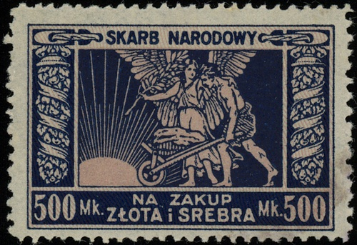 znaczki skarbowe na kwoty 25, 50, 100, 2 x 500 marek polskich na zakup złota i srebra, Lucow 518 (R1), 519 (R1), 520 (R1), 521 (R1) i 521a (R1) - wszystkie ilustrowane w katalogu kolekcji, wyśmienicie zachowane, razem 5 sztuk