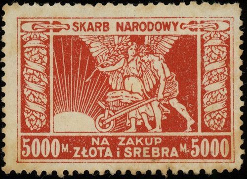 znaczki skarbowe na kwoty 2 x 1.000 i 2 x 5.000 marek polskich na zakup złota i srebra, Lucow 522 (R1), 522a (R2), 523 (R2) i 523a (R2) - wszystkie ilustrowane w katalogu kolekcji, ślady kleju, wyśmienicie zachowane, razem 4 sztuki