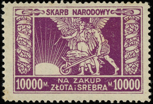 znaczek skarbowy na kwotę 10.000 marek polskich na zakup złota i srebra, Lucow 524 (R3) - ilustrowany w katalogu kolekcji, wyśmienity egzemplarz