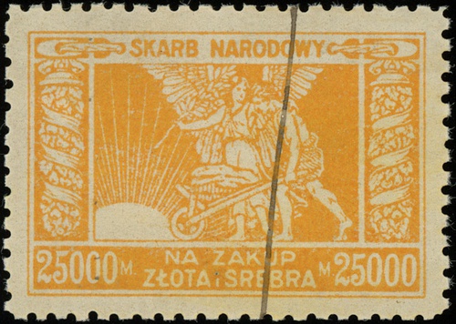 znaczek skarbowy na kwotę 25.000 marek polskich na zakup złota i srebra, Lucow 525 (R5) - ilustrowany w katalogu kolekcji, ale wyretuszowany, przekreślony pionowo czarnym tuszem, ale wyśmienity egzemplarz