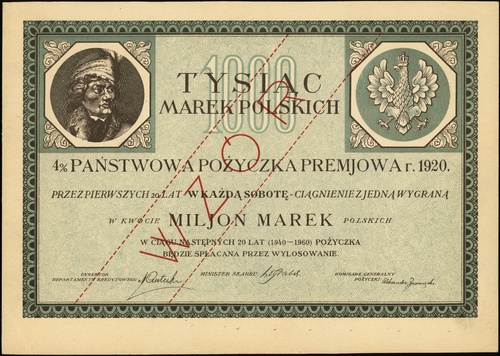 projekt obligacji 4% Państwowej Pożyczki Premiowej 1920, bez oznaczenia serii i numeracji, ukośny czerwony nadruk \WZÓR, Lucow tom II