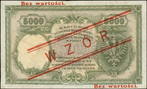 5.000 złotych 28.02.1919, seria A, numeracja 266681, po obu stronach ukośny czerwony nadruk \WZÓR\" oraz \"Bez wartości, Lucow 600 (R5)