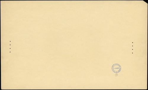 próbny druk kolorystyczny strony głównej banknotu 50 złotych emisji 28.08.1925, bez oznaczenia serii i numeracji, bez podpisów dyrektora i prezesa banku, papier bez znaku wodnego z szerokimi marginesami, na lewym i prawym marginesie perforacja po cztery dziurki, na odwrocie okrągła pieczęć \E.GASPE / Atelier Eugène GASPERINI - Graveur\" i numeracja \"11, Lucow 614a - dołączony do kolekcji po wydrukowaniu katalogu