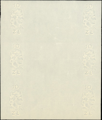 papier do druku banknotów 10 złotych emisji 20.07.1926 lub 20.07.1929, ze znakiem wodnym obejmującym sześć banknotów, Lucow 639a - dołączony do kolekcji po wydrukowaniu katalogu, Miłczak - patrz 64, wiele zagięć ale bez złamań, bardzo ciekawy znak wodny z elementem kontrolnym niespotykanym na pojedynczych banknotach - znakiem \X\" między typowymi rysunkami.,"II+,1