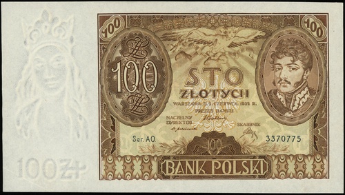 100 złotych 2.06.1932, seria AO., numeracja 3370775, papier z dodatkowym znakiem wodnym \+X+, Lucow 670a (R2)