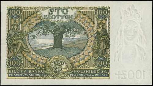 100 złotych 2.06.1932, seria AO., numeracja 3370775, papier z dodatkowym znakiem wodnym \+X+, Lucow 670a (R2)