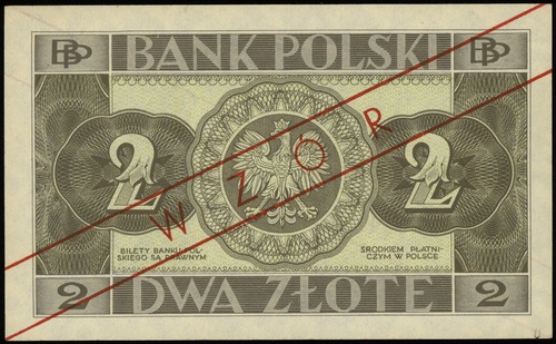 2 złote 26.02.1936, seria BX, numeracja 0690019, po obu stronach ukośny czerwony nadruk \WZÓR, Lucow 678 (R3)