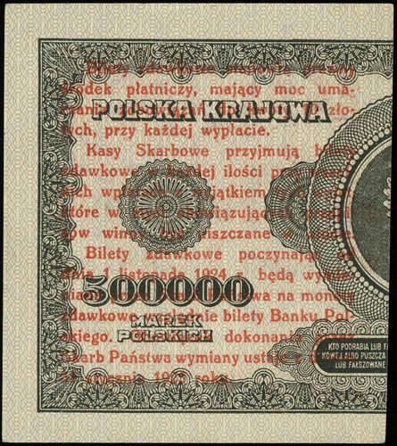 1 grosz 28.04.1924, seria AP, numeracja 8494062, nadruk na prawej części banknotu 500.000 marek polskich, Lucow 696 (R1) - ilustrowany w katalogu kolekcji, Miłczak 42eP, piękny egzemplarz