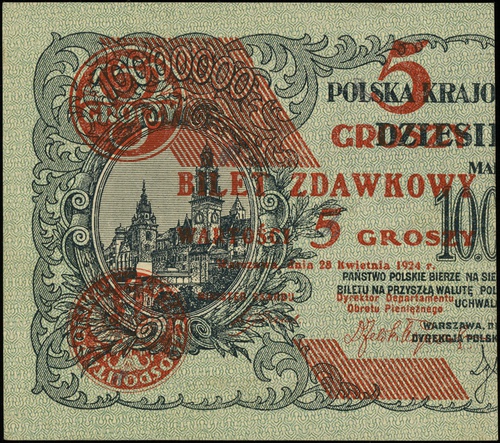 5 groszy 28.04.1924, bez oznaczenia serii i numeracji, nadruk na lewej części banknotu 10.000.000 marek polskich, Lucow 699 (R2), Miłczak 43a, nieznaczne nadgięcia, ale piękny egzemplarz