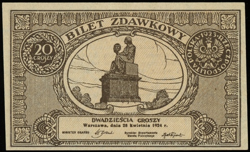 20 groszy 28.04.1924, bez oznaczenia serii i numeracji, Lucow 702 (R2) - ilustrowany w katalogu kolekcji, Miłczak 45, wyśmienity egzemplarz