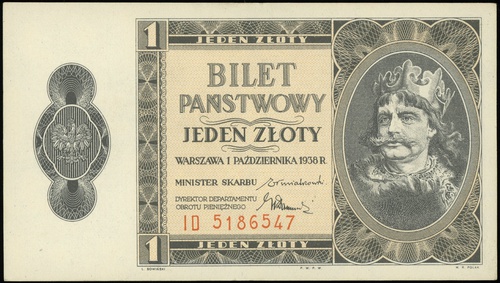 1 złoty 1.10.1938, seria ID, numeracja 5186547, Lucow 719 (R3), Miłczak 78b, minimalne nadgięcia na marginesach i rogach, ale wyśmienity egzemplarz