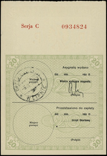 asygnata na 20 złotych, seria C, numeracja 0934824, na stronie odwrotnej pieczęć urzędu skarbowego w Lipnie i podpis, Lucow 736 (R2) - ilustrowany w katalogu kolekcji, Moczydłowski B131, wyśmienity egzemplarz