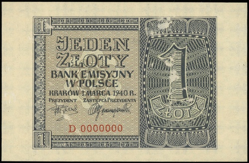 1 złoty 1.03.1940, seria D, numeracja 0000000, L