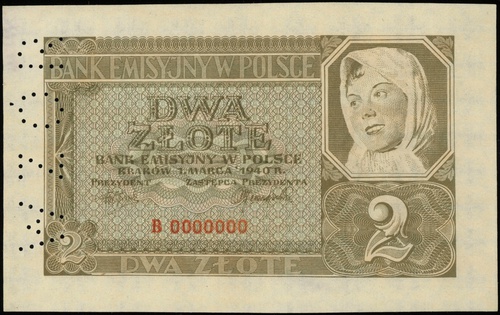 2 złote 1.03.1940, seria B, numeracja 0000000, po lewej pionowa perforacja \WZÓR, Lucow 768 (R6) - ilustrowany w katalogu kolekcji