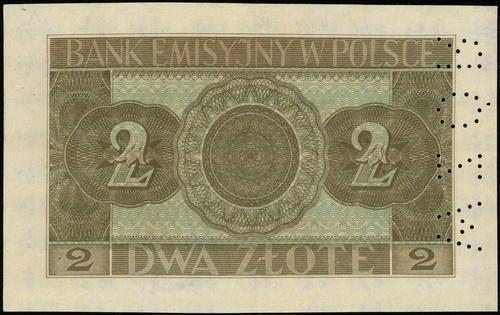 2 złote 1.03.1940, seria B, numeracja 0000000, po lewej pionowa perforacja \WZÓR, Lucow 768 (R6) - ilustrowany w katalogu kolekcji
