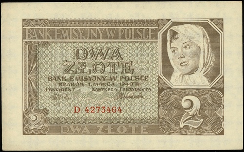 2 złote 1.03.1940, seria D, numeracja 4273464, L