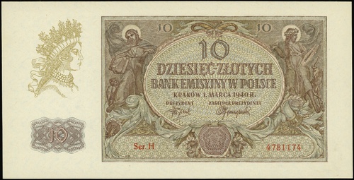 10 złotych 1.03.1940, seria H, numeracja 4781174