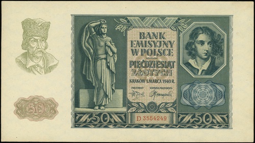 50 złotych 1.03.1940, seria D, numeracja 3554249