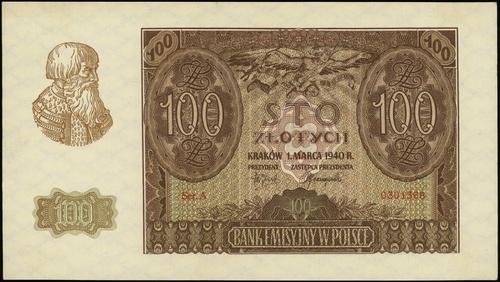 100 złotych 1.03.1940, seria A, numeracja 030136