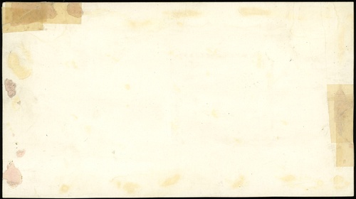 projekt (makieta) strony odwrotnej do banknotu 100 złotych 1.03.1940, bez oznaczenia serii, numeracja 4747953, rysowany na białym kartonie, środkowa część rysunku (z siewcą) wklejona, Lucow 796 (R8), Miłczak -, Ros. -, bez zagięć i załamań, ale uszkodzenia papieru po obu stronach, naddarcia na marginesach sklejone podlepkami, całość odrywana (ubytki papieru na stronie odwrotnej), niezwykła rzadkość