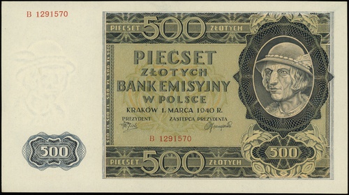 500 złotych 1.03.1940, seria B, numeracja 129157
