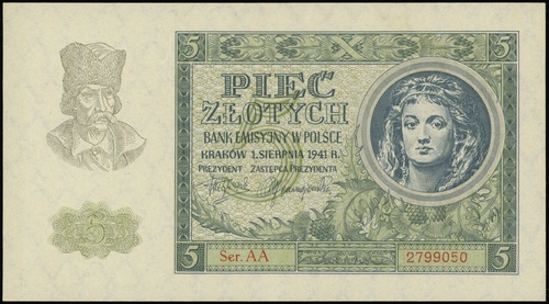5 złotych 1.08.1941, seria AA, numeracja 2799050
