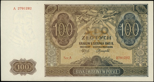100 złotych 1.08.1941, seria A, numeracja 279128