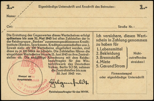 bon na 1 markę 1942/1943, seria F, numeracja 7901960, na stronie odwrotnej nie wypełniony, ale pieczęć \Kreis Litzmannstadt-Land, Lucow 893 (R1) - ilustrowany w katalogu kolekcji