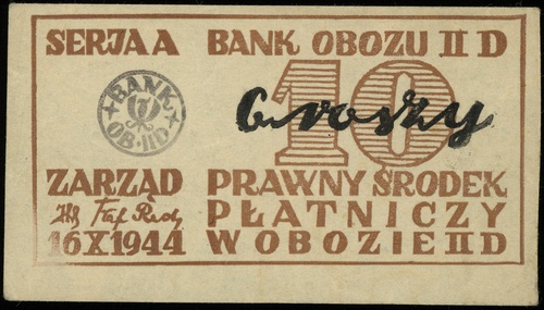 10 groszy 16.10.1944, seria A, na stronie głównej ciemnoszara pieczęć banku obozowego, Lucow 934 (R3), Campbell 3791, niedodrukowany w lewym dolnym rogu, kilka zagięć, ale ładnie zachowany