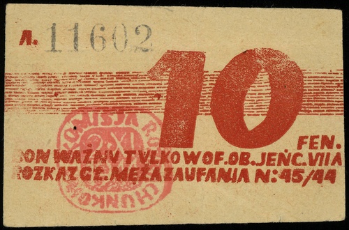 bon na 10 fenigów 2.11.1944, seria A, numeracja 11602, Lucow 939 (R1), Campbell 3812, kilkukrotnie złamany