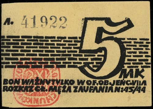 bon na 5 marek 2.11.1944, seria A, numeracja 41922, Lucow 947 (R5) - dołączony do kolekcji po wydrukowaniu katalogu, Campbell 3816, ślady po kleju na lewym marginesie, ale pięknie zachowany, bez załamań