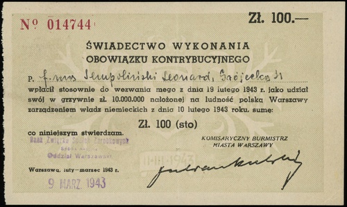 świadectwo wykonania obowiązku kontrybucyjnego na kwotę 100 złotych 03.1943, wystawione dla \Sempoliński Leonard