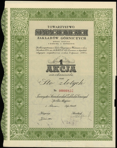 1 akcja na okaziciela na 100 złotych 1926, numeracja 0000857, z talonem i kuponami na lata 1940-1943, na stronie odwrotnej pieczęcie Izby Przemysłowo-Handlowej w Warszawie, Lucow 962a (R2), pięknie zachowane