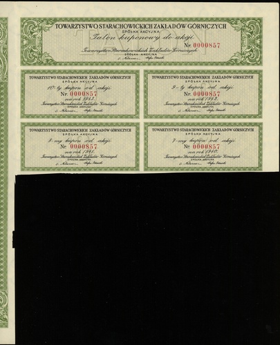 1 akcja na okaziciela na 100 złotych 1926, numeracja 0000857, z talonem i kuponami na lata 1940-1943, na stronie odwrotnej pieczęcie Izby Przemysłowo-Handlowej w Warszawie, Lucow 962a (R2), pięknie zachowane