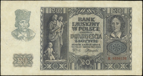 20 złotych 1.03.1940, seria K, numeracja 9336138